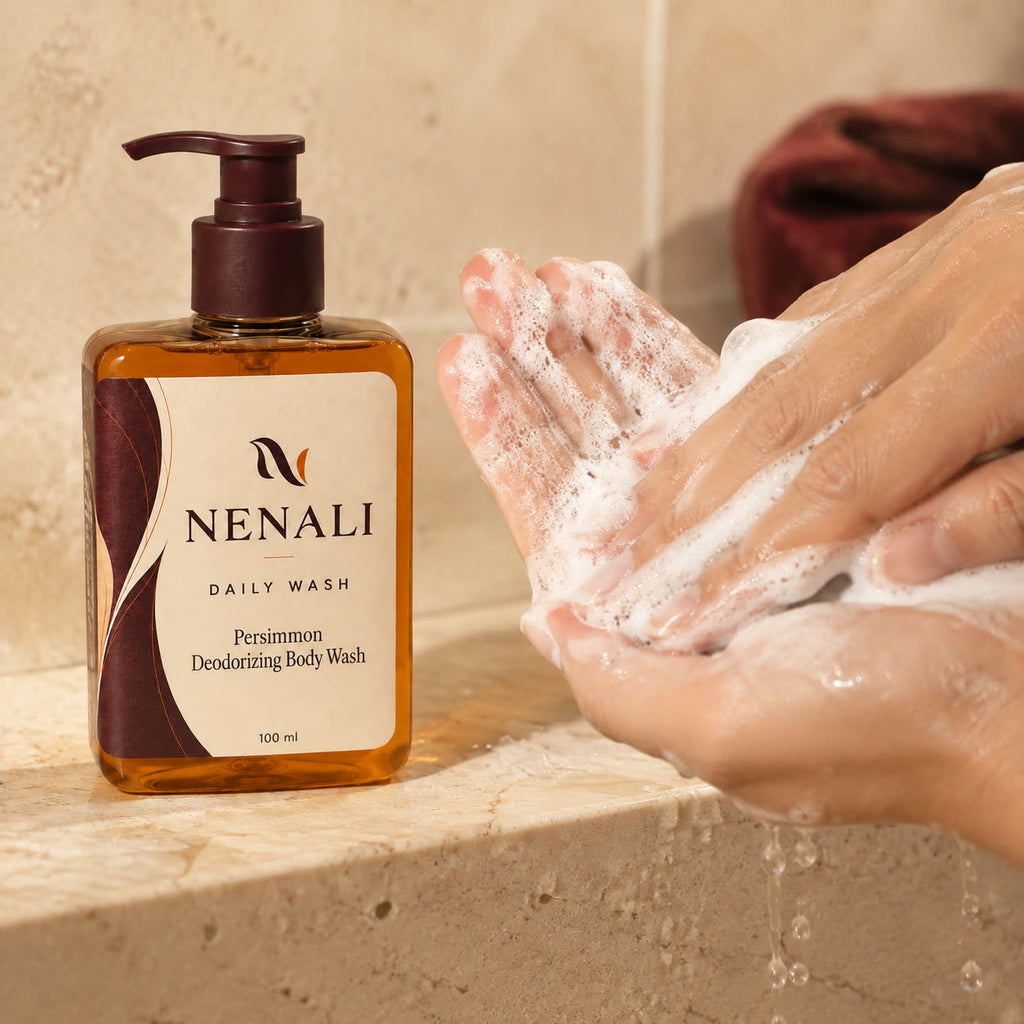 Hands lathering NENALI Daily Wash beside the bottle