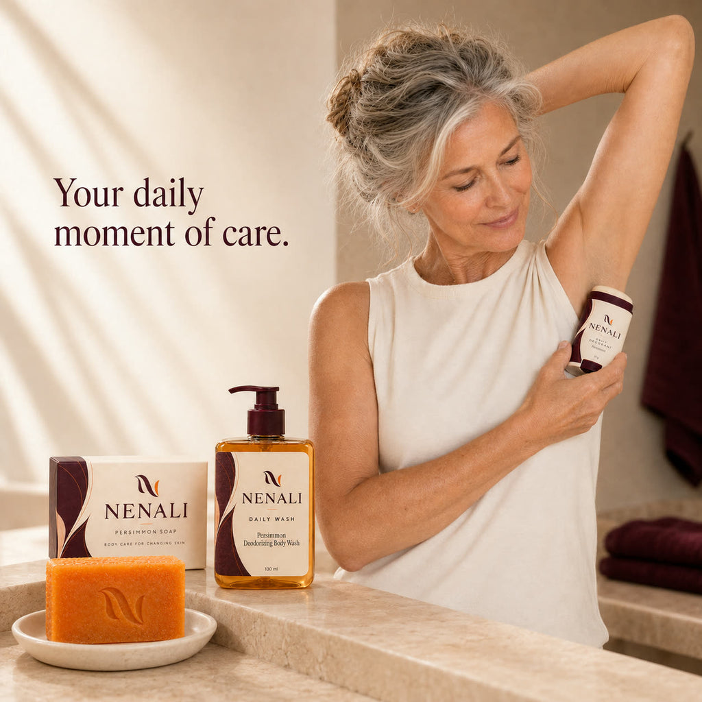 The NENALI daily routine on a bathroom counter