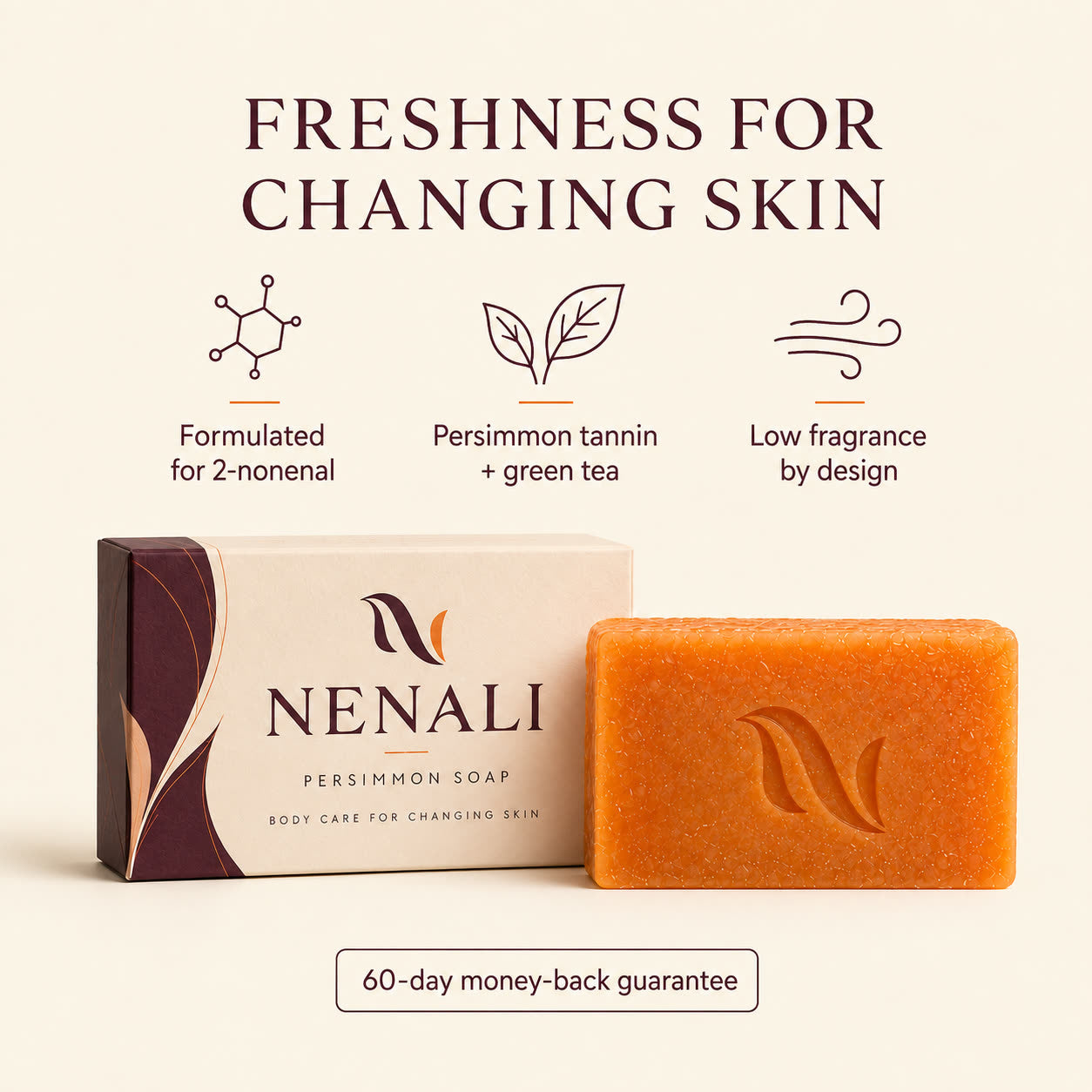 Reset Bar key points: formulated for 2-nonenal, persimmon tannin and green tea, low fragrance