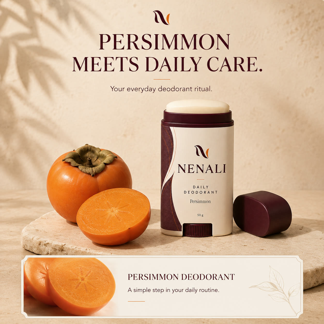 NENALI Daily Deodorant beside a halved persimmon