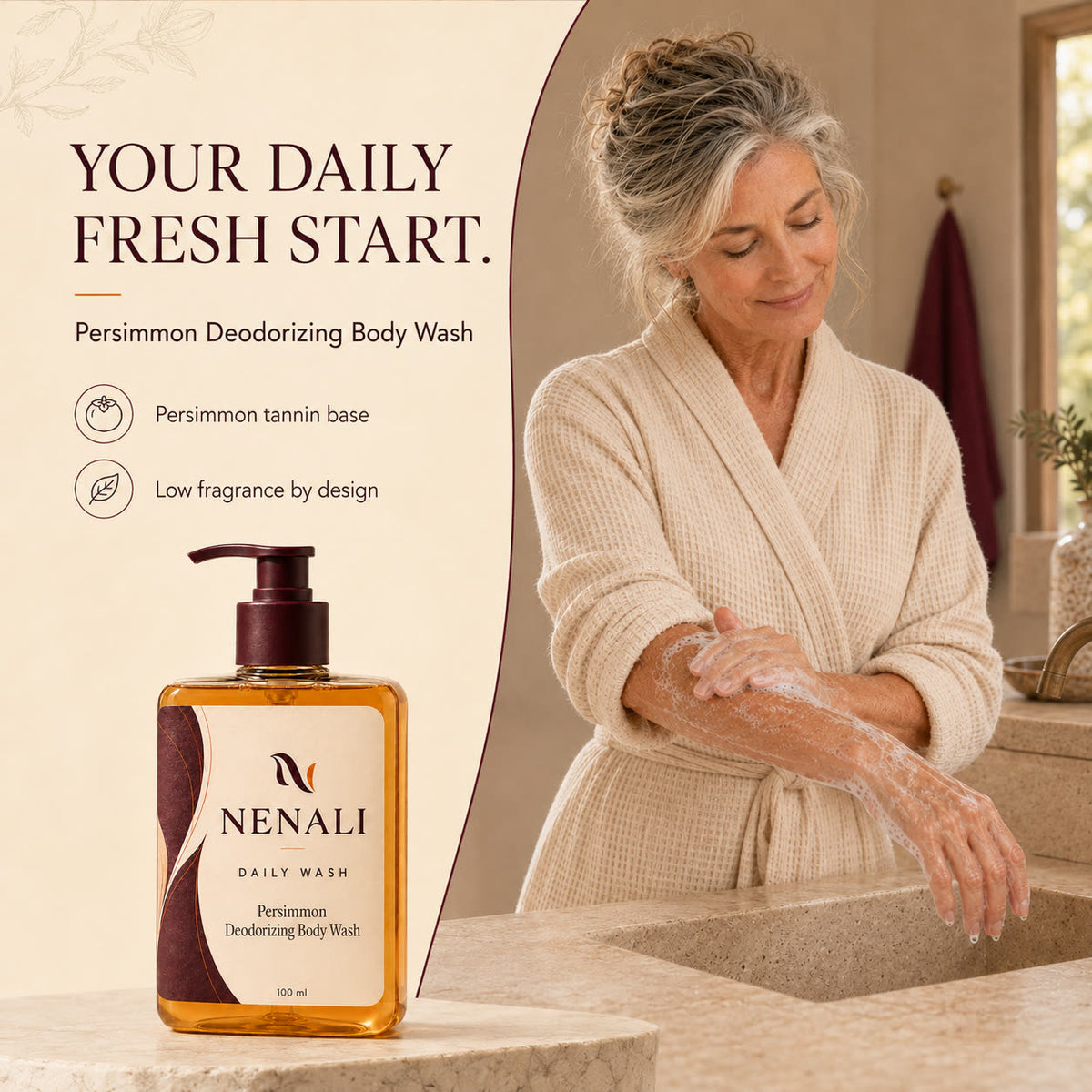Daily Wash key points: persimmon tannin base, low fragrance by design