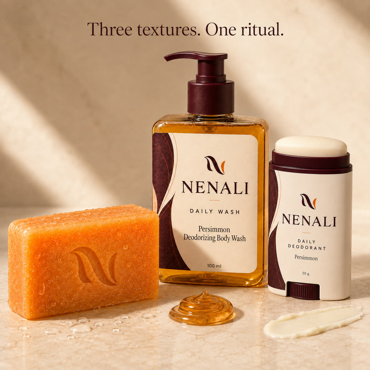 The three NENALI textures: bar, wash and deodorant