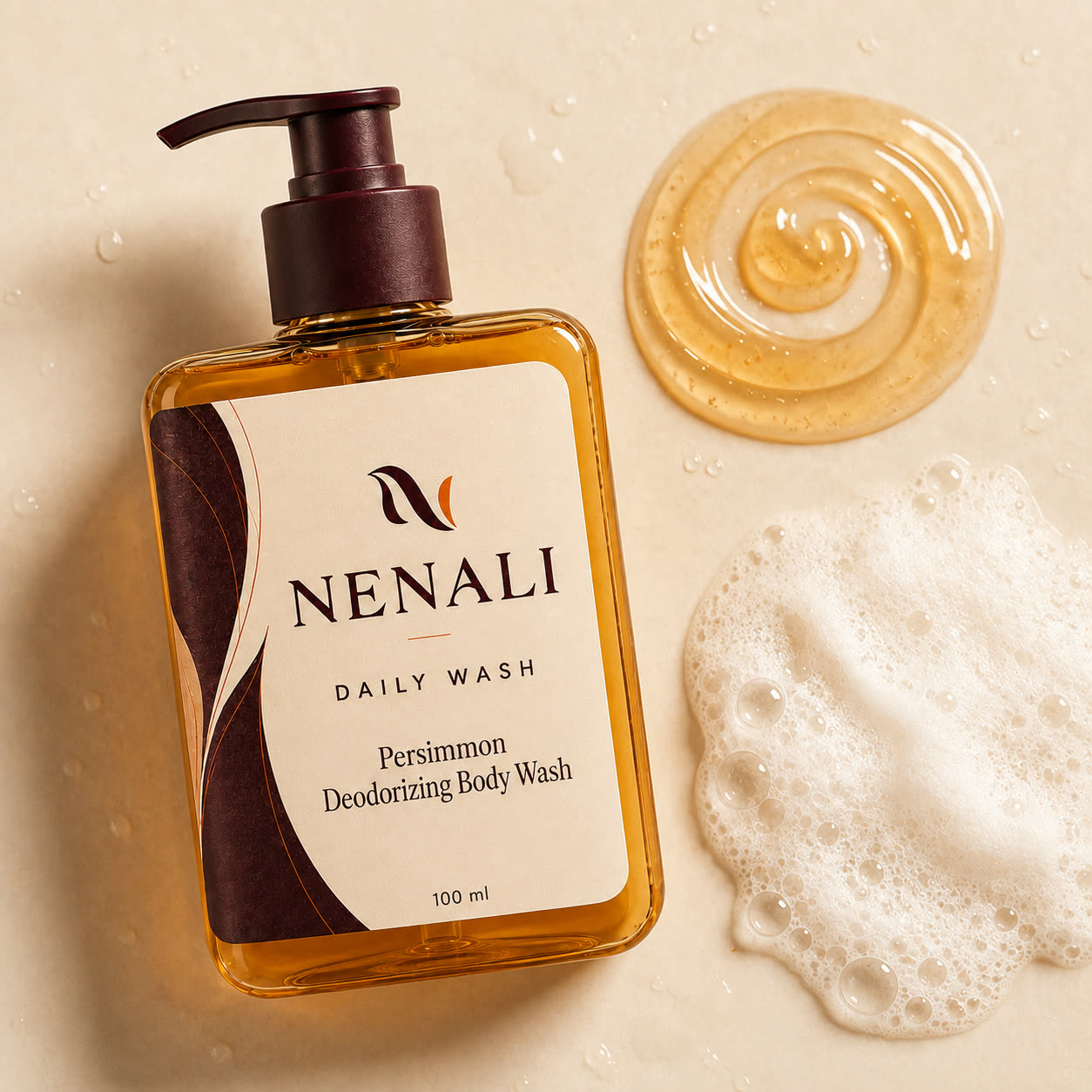 NENALI Daily Wash photographed from above with gel and foam