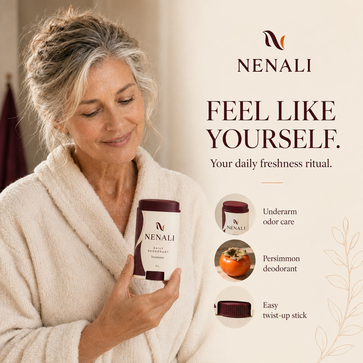 Daily Deodorant key points: underarm odour care, persimmon, easy twist-up stick