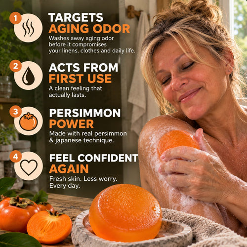 Four reasons for the NENALI Reset Aging Odor Soap: targets aging odour, acts from first use, made with real persimmon and Japanese technique, feel confident again