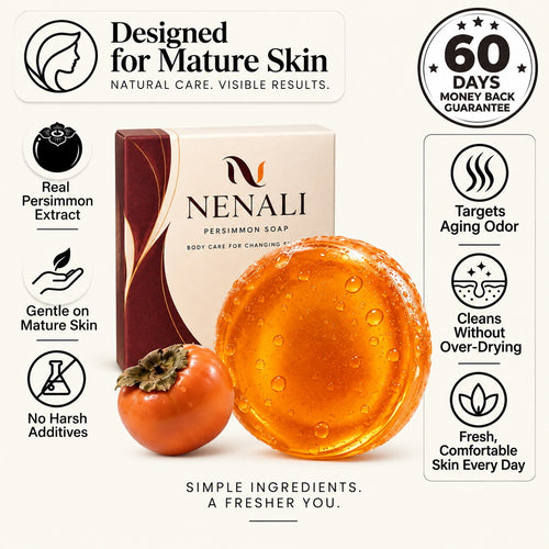 Designed for mature skin: real persimmon extract, gentle, no harsh additives, 60-day money-back guarantee