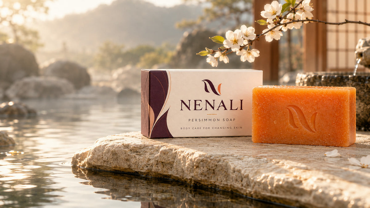 The NENALI Reset Bar and its carton on stone at the edge of a hot spring