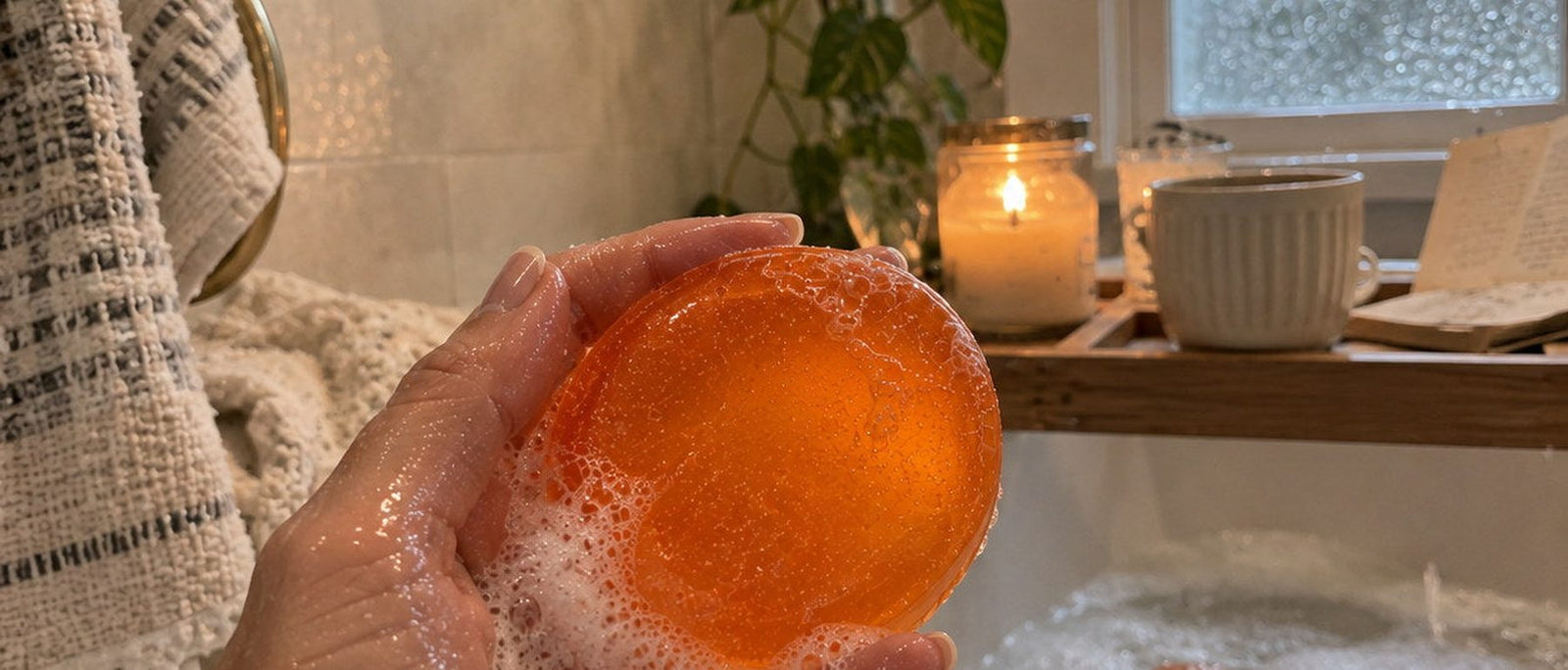 The NENALI Reset Aging Odor Soap and carton on wet stone