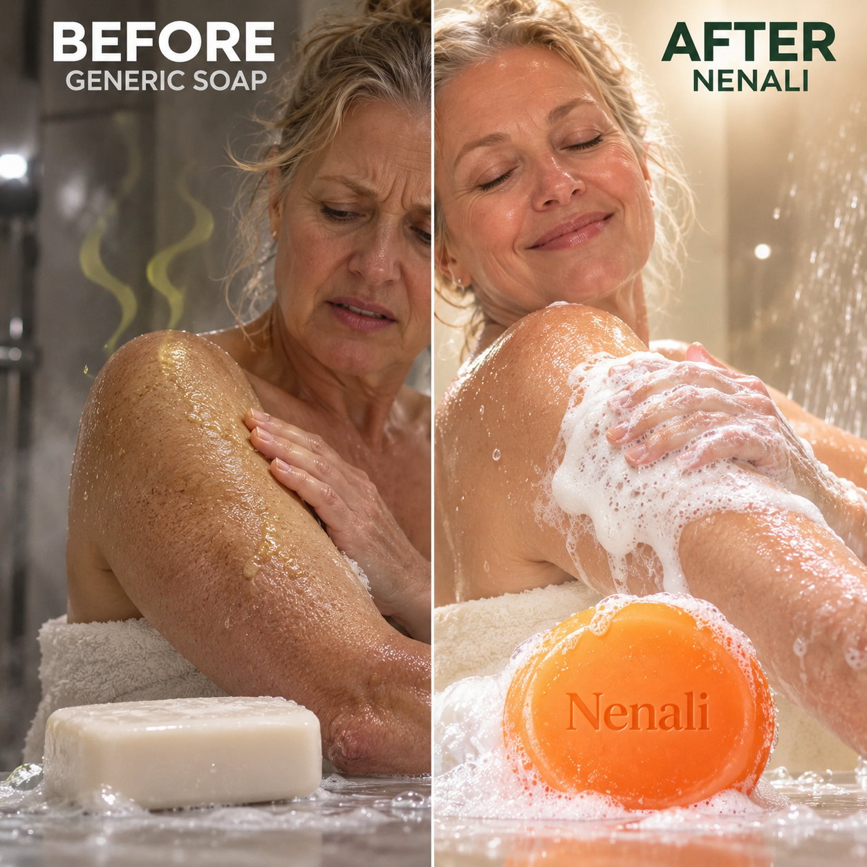 Before, with generic soap; after, with the NENALI persimmon bar