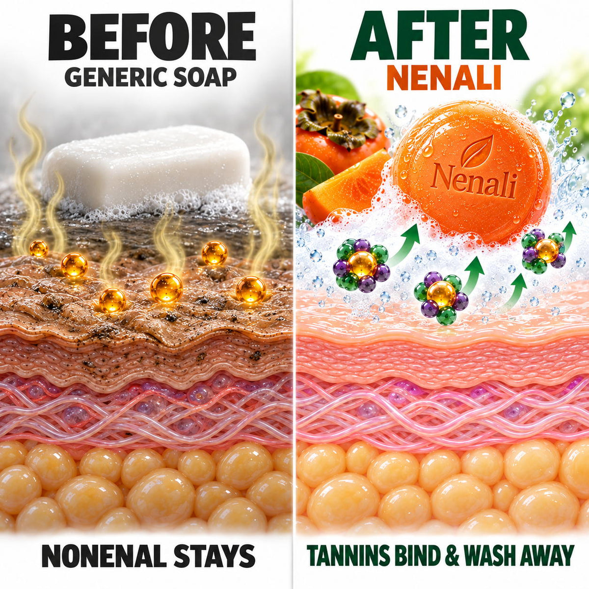 Before and after: with generic soap the nonenal stays; with NENALI the tannins bind to it and it washes away