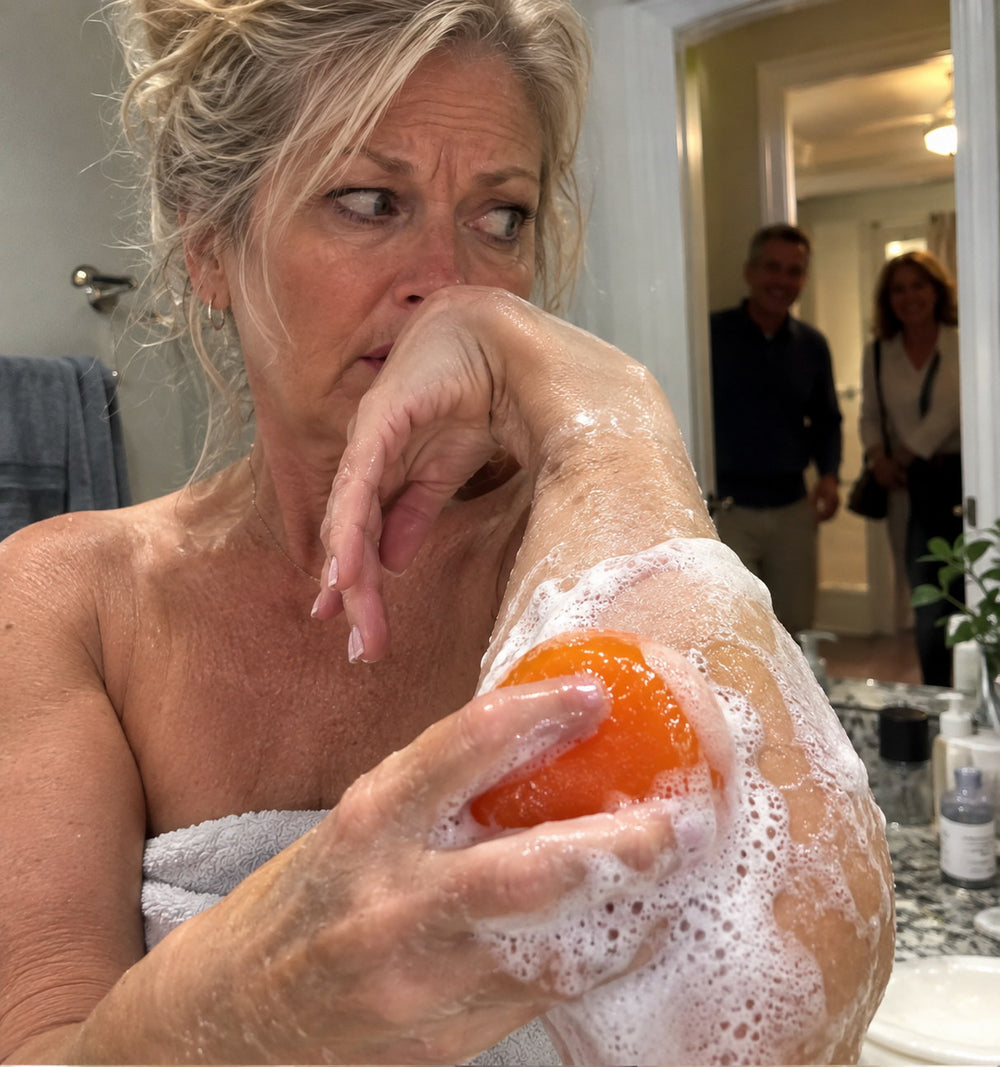 A woman lathering her arm at the bathroom mirror, glancing towards people in the hallway