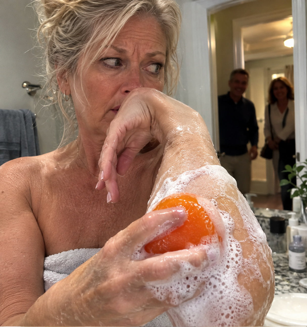 A woman lathering her arm at the bathroom mirror, glancing towards people in the hallway