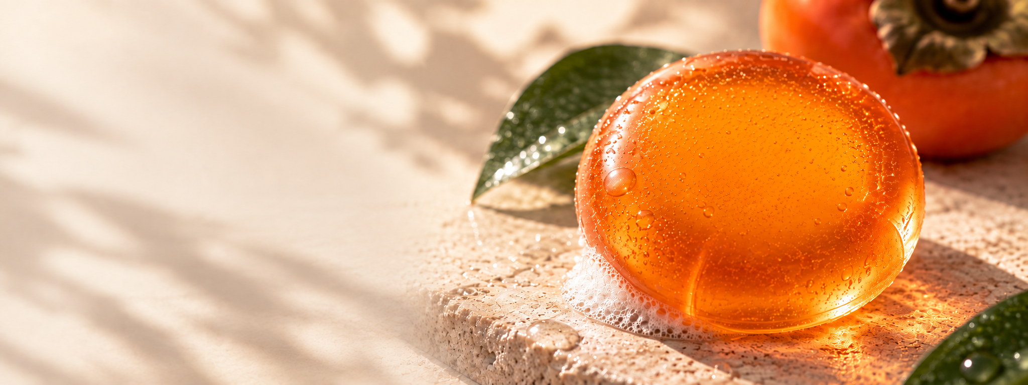 A translucent persimmon soap bar resting on wet travertine in the sun, with a persimmon and a leaf beside it