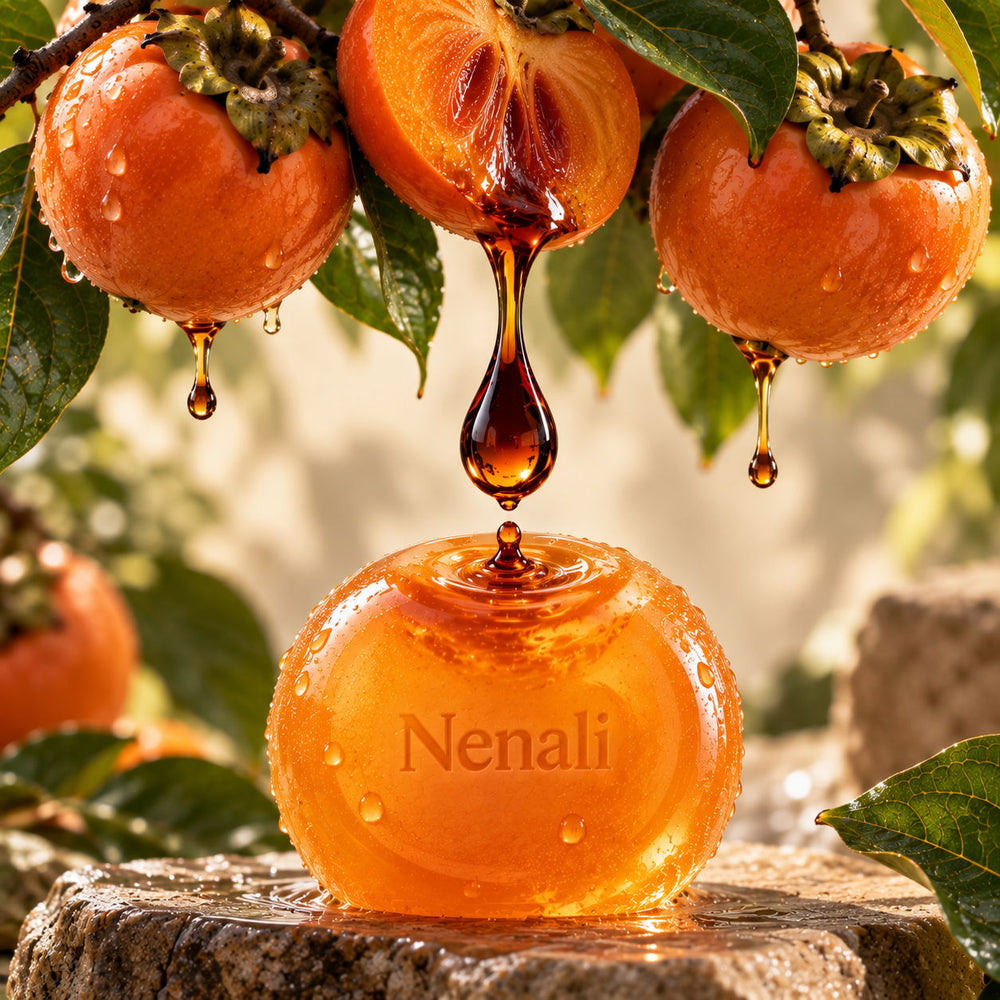 A drop of fermented persimmon juice falling onto the NENALI Reset Aging Odor Soap