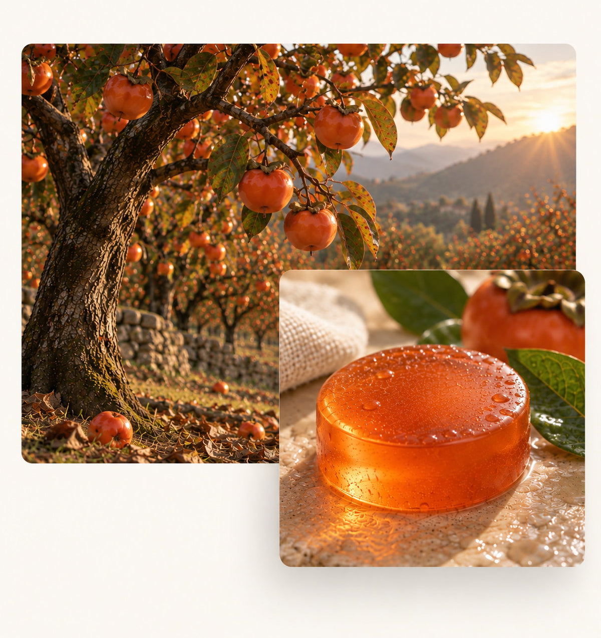 A persimmon orchard at sunset and the round NENALI Reset Aging Odor Soap on wet stone