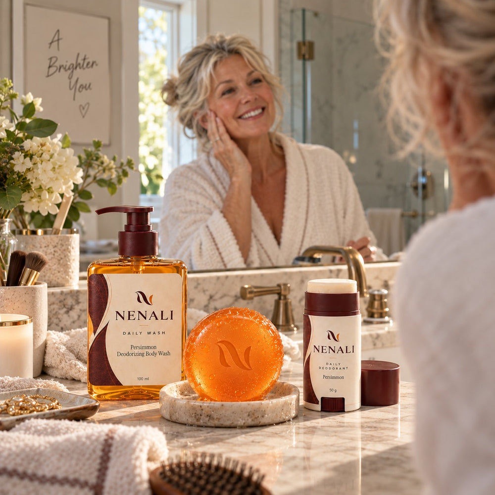 A woman in a robe smiling at her bathroom mirror, with the three NENALI products on the counter