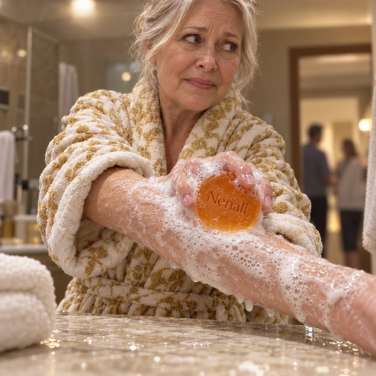 A woman in a robe lathering her forearm at the bathroom counter