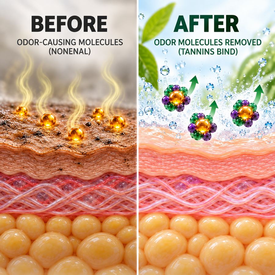 Before and after on the skin: on the left the nonenal molecules sit on the surface, on the right the tannins have bound to them and they are carried away