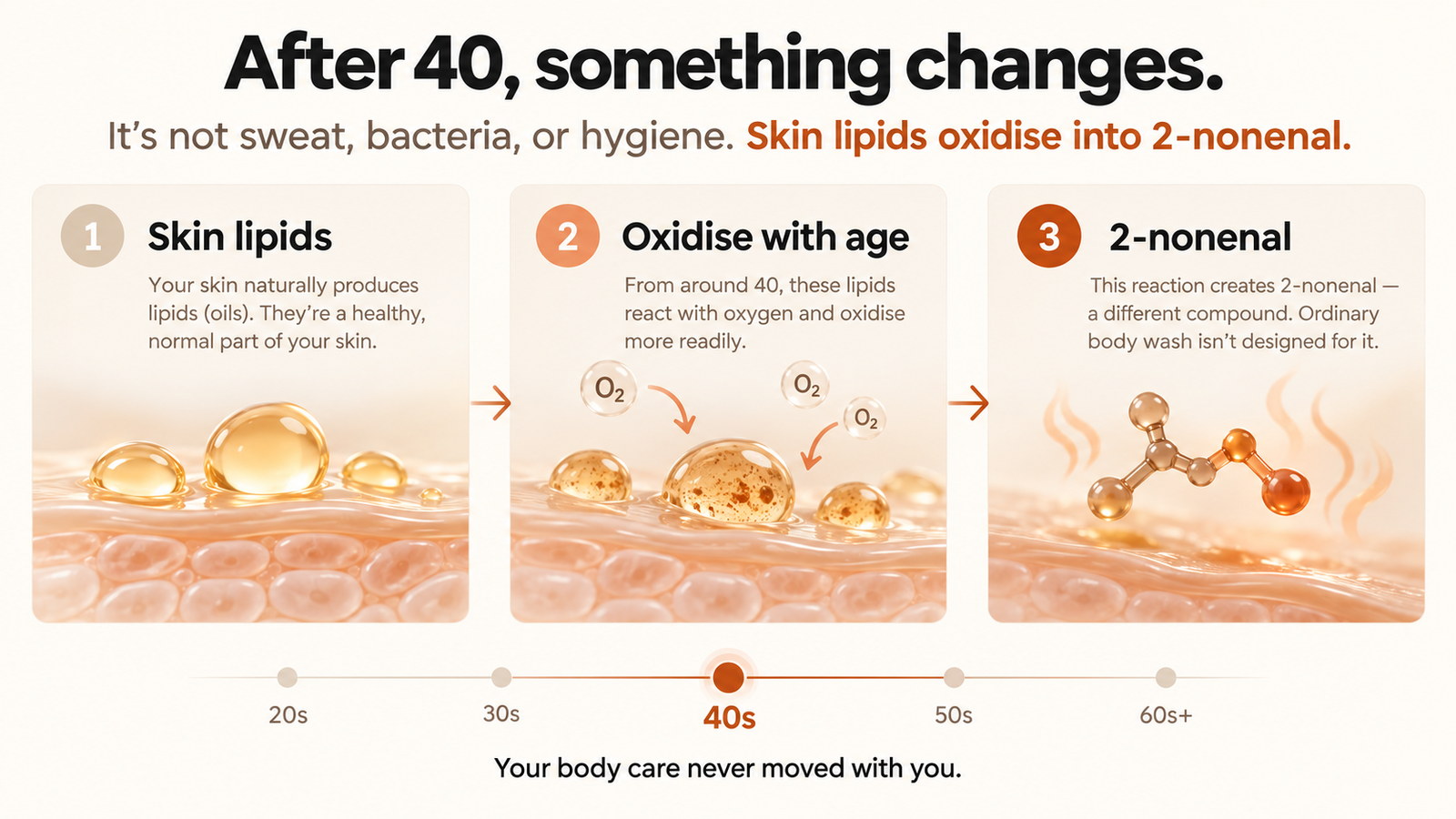 After 40, something changes: skin lipids, oxidise with age, 2-nonenal